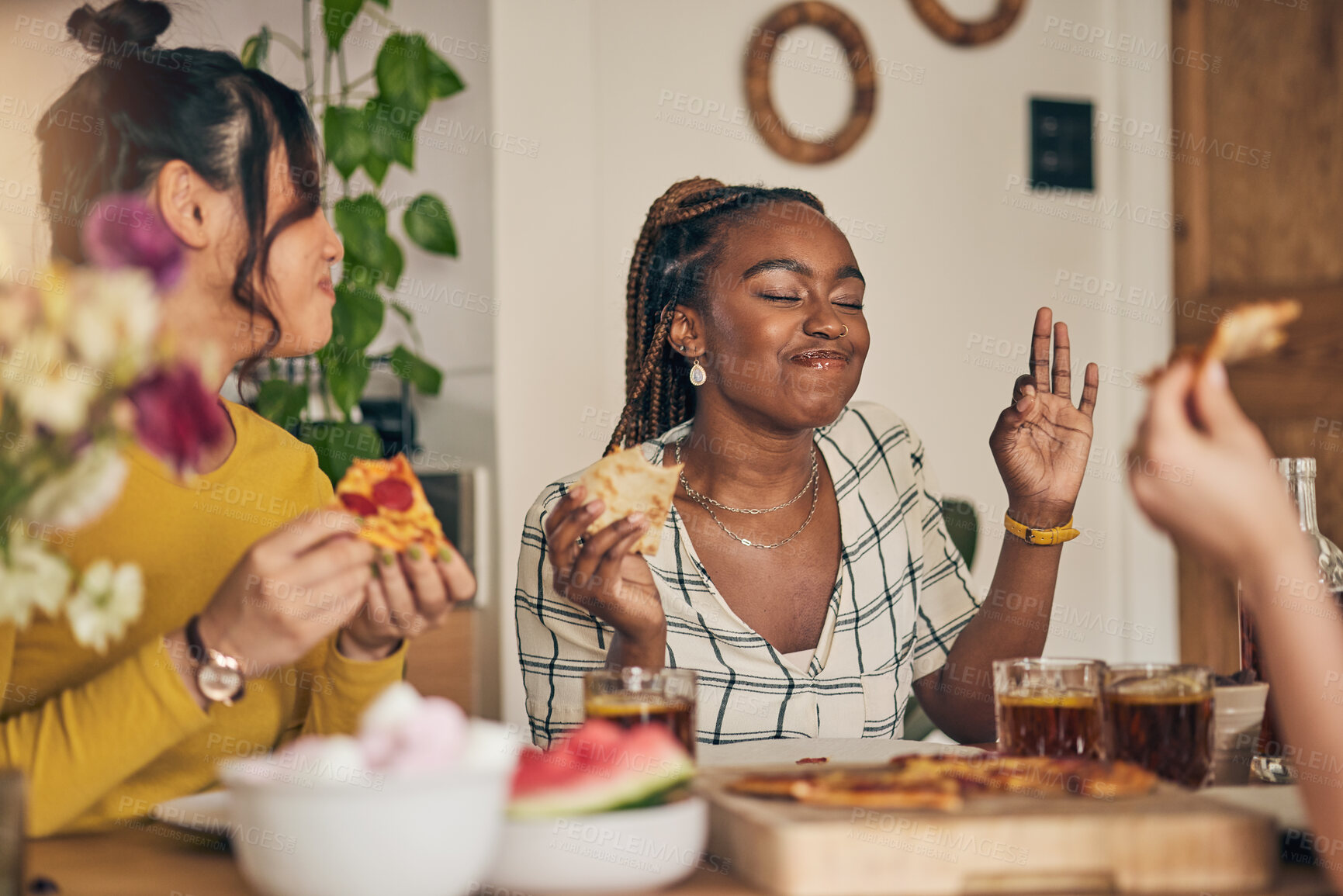 Buy stock photo Food, drinks and pizza party, women and dinner, friends and fun with eating and nutrition at home. Italian cuisine, fruit and sweets with social gathering, happy and young people have meal together