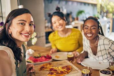 Buy stock photo Friends, selfie and pizza with women in kitchen for happy, social media and fast food. Smile, profile picture and post with portrait of people at home for party, celebration and photography together