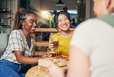 Buy stock photo Friends, conversation and women with food in home for relaxing, bonding and lunch together. Friendship, happy and group of people with drinks laughing for relationship, visit and chat in living room