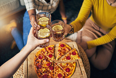 Buy stock photo Group hands, toast cocktail and pizza in home with celebration, party and closeup for alcohol, glass or juice. Friends, together and eating for event, culture or relax with success in lounge at house