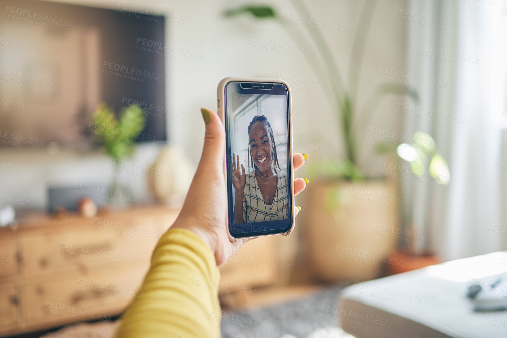 Buy stock photo Phone, wave and black woman on video call in portrait, communication and conversation. Smartphone hand, hello and happy person in webinar, virtual and online meeting, face and pov discussion in house