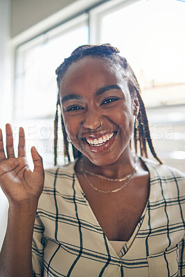 Buy stock photo Portrait, wave and black woman on video call, communication and conversation at home. Face, hello and happy person in webinar, virtual chat and online meeting, pov greeting and welcome in remote work