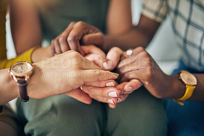 Buy stock photo Holding hands, circle and support, trust and prayer, solidarity and hope, empathy or care of community in religion. Comfort, worship and group of people in therapy, counselling and psychology meeting