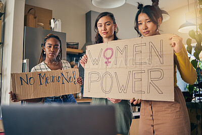 Buy stock photo Women group, poster and prepare for protest, portrait or support for diversity, empowerment or goal in home. Girl friends, cardboard sign or ready with billboard for justice, human rights or equality