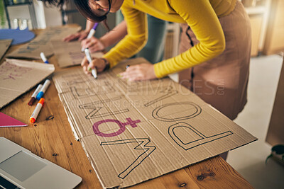 Buy stock photo Women group, poster and writing for protest, hands and support for diversity, power and goals in home. Girl friends, cardboard sign and design with billboard for justice, human rights and inclusion