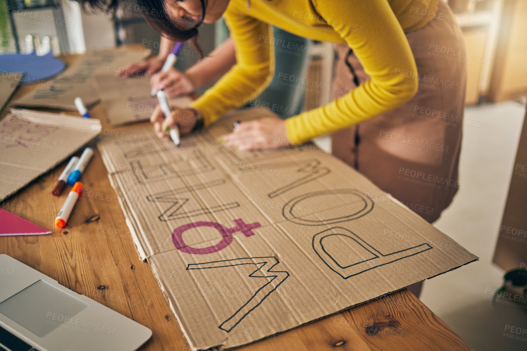 Buy stock photo Women group, poster and writing for protest, hands and support for diversity, power and goals in home. Girl friends, cardboard sign and design with billboard for justice, human rights and inclusion