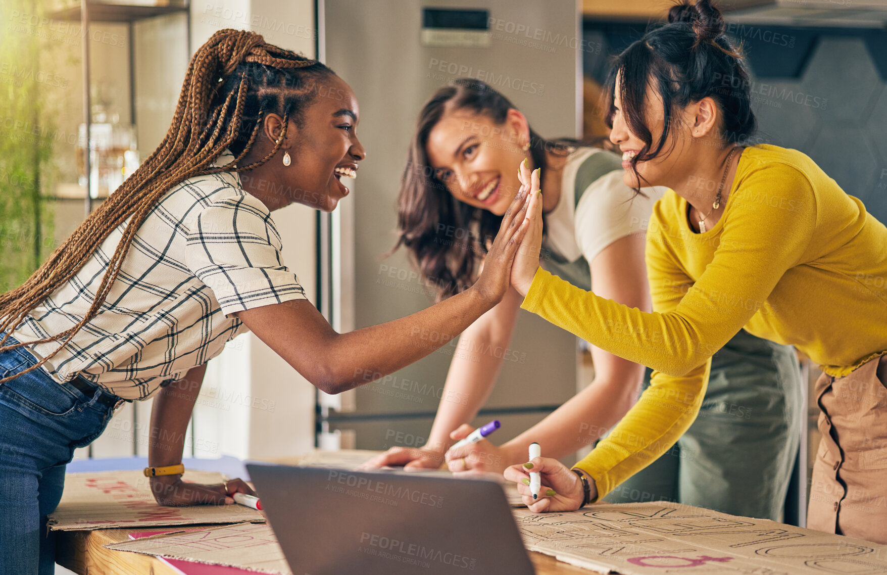 Buy stock photo Women group, writing and sign for protest, high five or support for diversity, power or goals in home. Girl friends, cardboard poster and design for billboard for justice, human rights or celebration