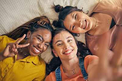 Buy stock photo Happy, friends and peace sign with women and selfie for social media, relax and diversity. Smile, happiness and profile picture with portrait of people at home for content creator and influencer