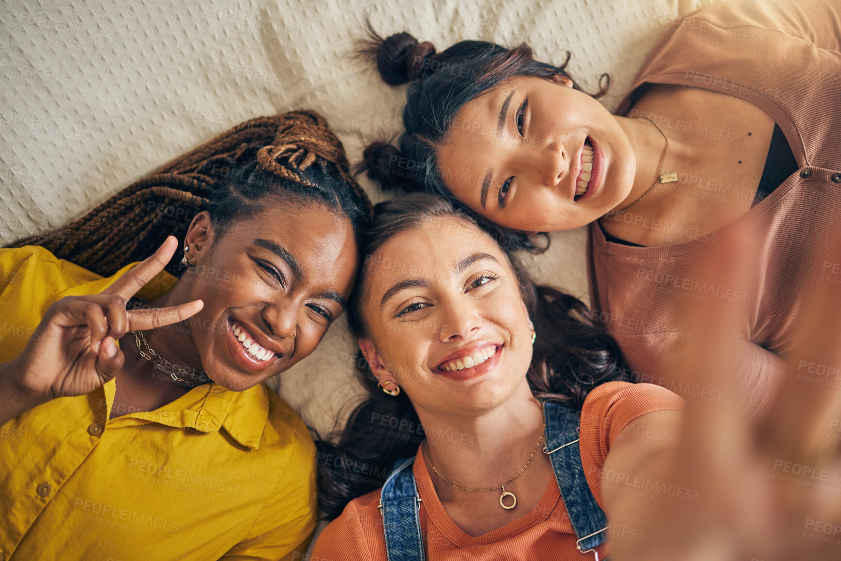 Buy stock photo Happy, friends and peace sign with women and selfie for social media, relax and diversity. Smile, happiness and profile picture with portrait of people at home for content creator and influencer