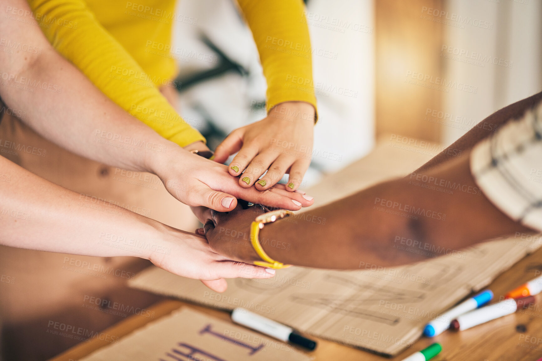 Buy stock photo Women, hands together and protest group with motivation, partnership and teamwork for fight. Collaboration, support and female community with diversity and strength for global and cause for justice