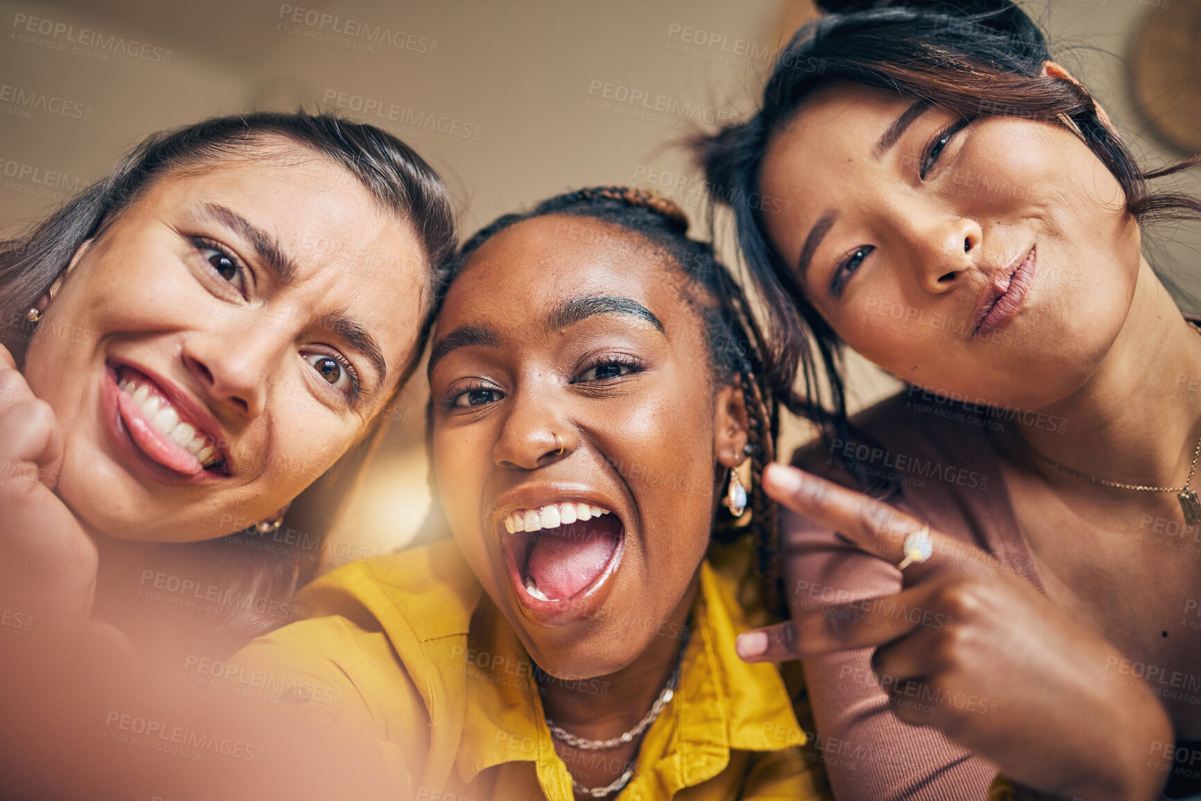 Buy stock photo Friends, selfie and women happy, crazy and bond in a living room at home together on the weekend. Portrait, emoji and people with diversity pose for profile picture, blog or social media memory post