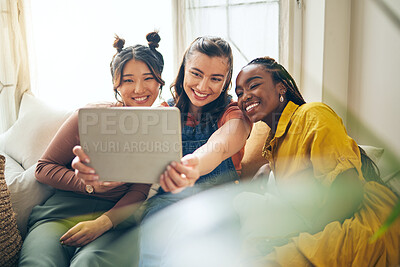 Buy stock photo Home, friends with selfie and women with tablet, social media and blog with profile picture. Female people, technology and group on a couch, bonding and influencer with happiness and content creator