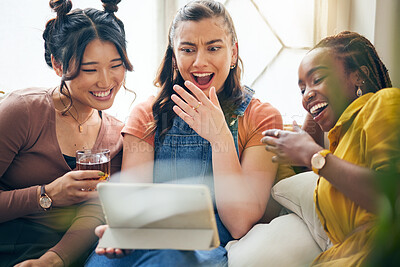 Buy stock photo Home, friends and women with a tablet, funny and social media with connection, news and communication. Mobile app, group and female people with technology, laughing and online reading in a lounge