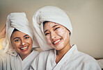 Spa, portrait and women friends with skincare smile for wellness, relax and self care sleepover. Happy, face and people with facial, cream or mask, cosmetics and relax with haircare, beauty or bond