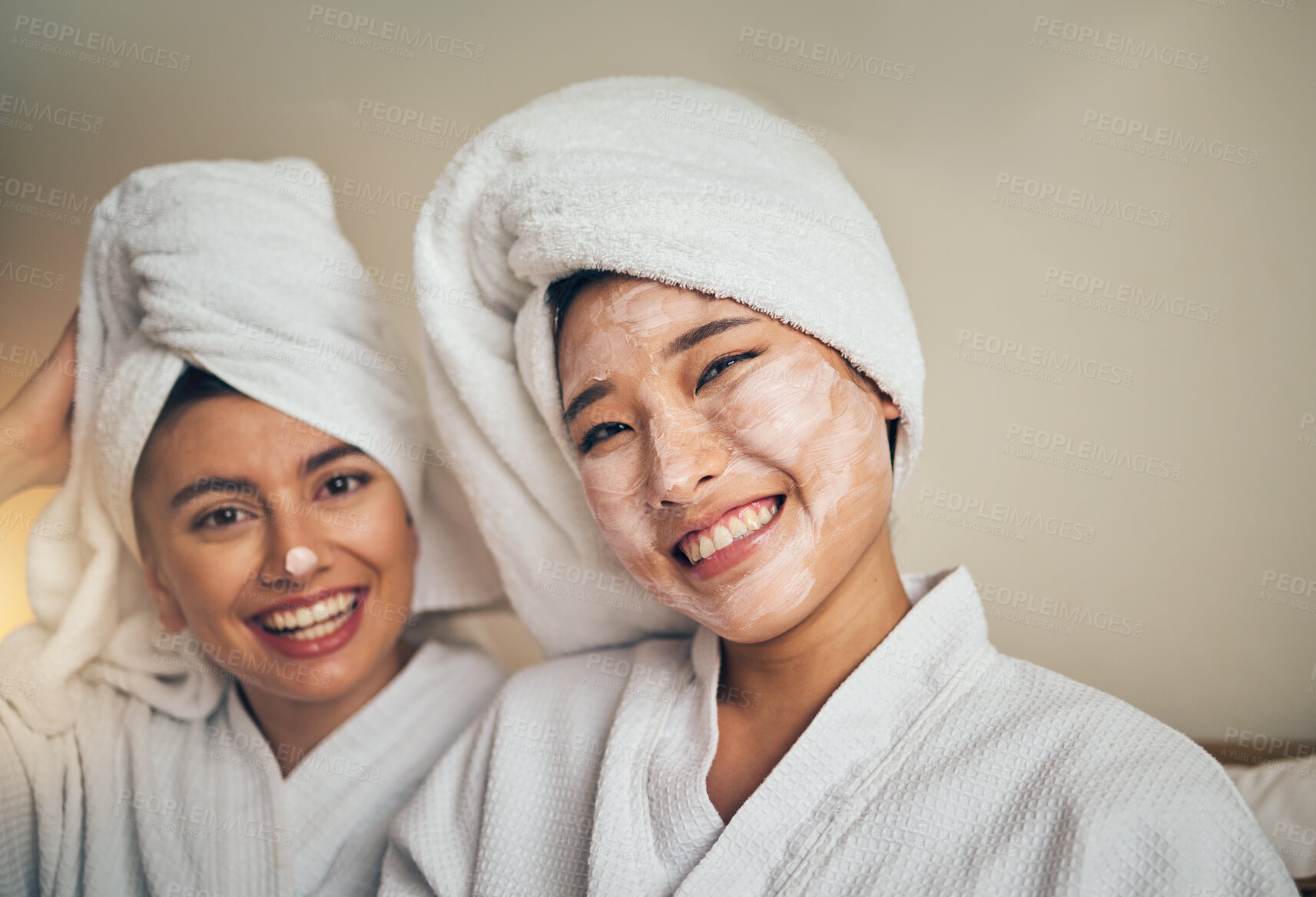 Buy stock photo Spa, portrait and women friends with skincare smile for wellness, relax and self care sleepover. Happy, face and people with facial, cream or mask, cosmetics and relax with haircare, beauty or bond