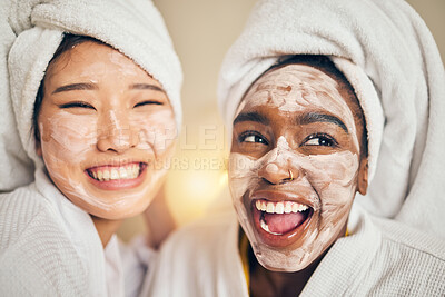 Buy stock photo Skincare, face and women friends in a bedroom with mask, application and spa day bonding in their home. Beauty, cream and people with self care sleepover, facial or cosmetic wellness on the weekend