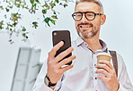 City, smile and a businessman with a phone and coffee for morning travel, communication or a chat. Happy, executive and a mature employee reading a conversation on a mobile from an app with a drink