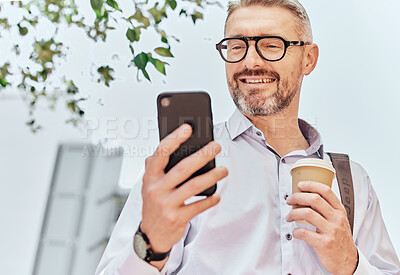 Buy stock photo City, smile and a businessman with a phone and coffee for morning travel, communication or a chat. Happy, executive and a mature employee reading a conversation on a mobile from an app with a drink