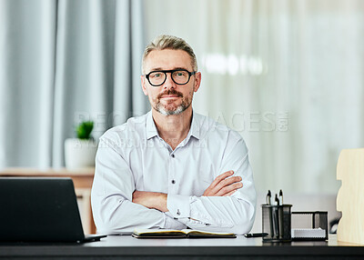 Buy stock photo Lawyer, arms crossed and portrait of business man in office for professional, planning and legal consultant. Advocate, pride and manager with mature employee for attorney, confidence and director