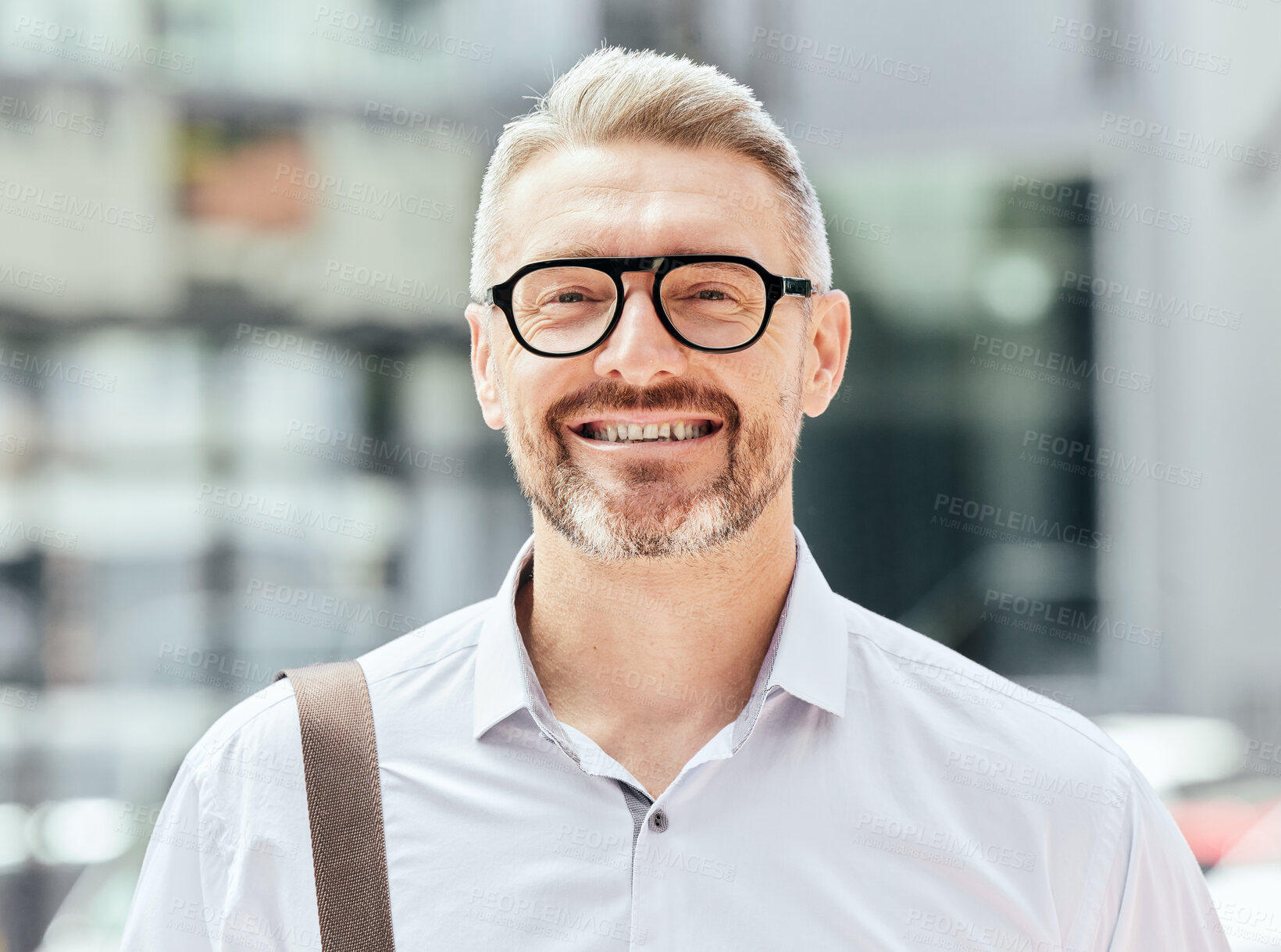 Buy stock photo Mature business man, street and portrait with glasses, bag and happy for walk, travel or outdoor in metro. Entrepreneur, CEO or manager in city, traffic or sidewalk for excited smile on face in Milan