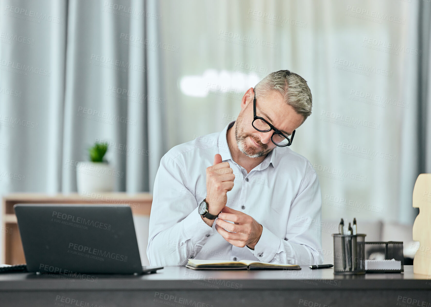 Buy stock photo Businessman, check and fixing watch in office for corporate time management, clock or schedule in finance company. Mature CEO, man or financial consultant with wrist accessory for technology deadline