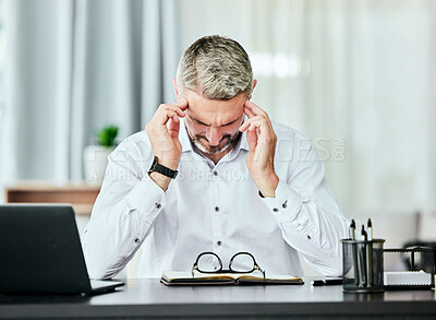 Buy stock photo Stress, anxiety and headache with a business man in the office, working on a laptop for his report deadline. Burnout, mental health and tax manager overwhelmed by a bankruptcy or financial crisis