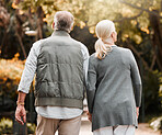 Holding hands, love and peace with old couple in nature for bonding, happy and support. Relax, happiness and retirement with senior man and woman walking in countryside for vacation and commitment 