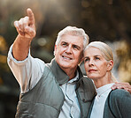 Senior couple, hiking and pointing in nature, thinking and view with direction, forest and adventure. Elderly man, woman and together with vision, walk or check environment on outdoor holiday in park