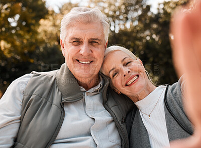 Buy stock photo Park selfie, portrait and senior happy couple bonding, care and enjoy time together, nature and memory picture. Photography, face and old man, woman or marriage people with photo of romantic date