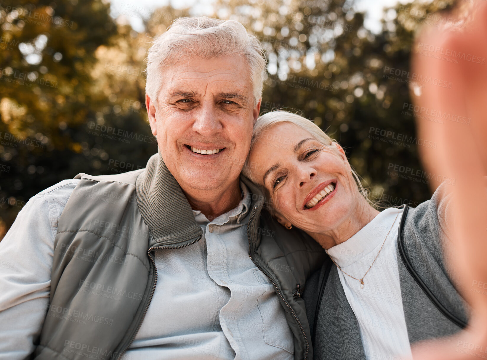 Buy stock photo Park selfie, portrait and senior happy couple bonding, care and enjoy time together, nature and memory picture. Photography, face and old man, woman or marriage people with photo of romantic date