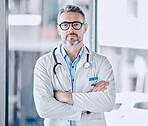 Mature doctor man, arms crossed and portrait for leadership in hospital, medical research or serious face for wellness. Professional medic, healthcare expert and clinic management job in Los Angeles