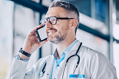 Buy stock photo Thinking, smile and a doctor or man on a phone call for communication, healthcare advice or contact. Happy, idea and a mature medical employee speaking on a mobile for help with medicine work