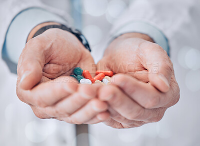 Buy stock photo Hands, pills and doctor closeup or pharmacist with healthcare, medical person or medicine drugs. Hospital, clinic or pharmacy with pharmaceutical, wellness and virus prevention medication for care