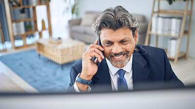 Buy stock photo Phone call, computer and mature happy man on business conversation, communication and talking with investment contact. Cellphone, networking and person consulting about online info, report of project