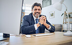 Happy, smile and portrait of a businessman in the office with confidence, success and professional career. Happiness, legal and mature male lawyer working by his desk in his modern workplace.