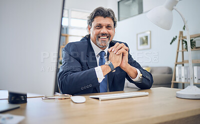 Buy stock photo Happy, smile and portrait of a businessman in the office with confidence, professional and attorney career. Pride, legal and mature male corporate lawyer working by his desk in his modern workplace.