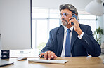 Phone call, computer and mature business man reading negotiation report, planning and talking with insurance agent. Cellphone, network and person consulting about online info, bank advice of project