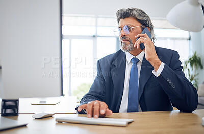 Buy stock photo Phone call, computer and mature business man reading negotiation report, planning and talking with insurance agent. Cellphone, network and person consulting about online info, bank advice of project