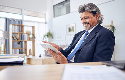 Buy stock photo Tablet, smile and a senior business manager in his office for professional research or planning a project. Technology, schedule and a happy mature CEO man in the workplace for corporate management