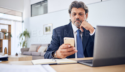 Buy stock photo Networking, laptop and a business man with a phone for research, information technology or contact. Professional person with a smartphone and thinking of planning, reading email or communication