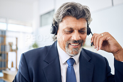 Buy stock photo Senior businessman, call center and consulting in customer service, support or financial advisor at office. Mature man, consultant or agent smile with headphones in online advice or help at workplace