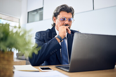 Buy stock photo Corporate, thinking and man with a laptop, ideas and problem solving with connection, data analysis and email. Person, accountant or professional with a pc, brainstorming and research with solutions