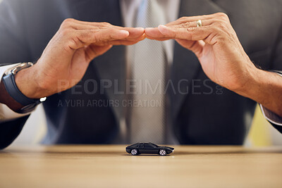 Buy stock photo Investment, hands and person with car insurance or covering for safety or business. Office, protection and man with shelter or security for transportation, guarantee or premium support for a vehicle