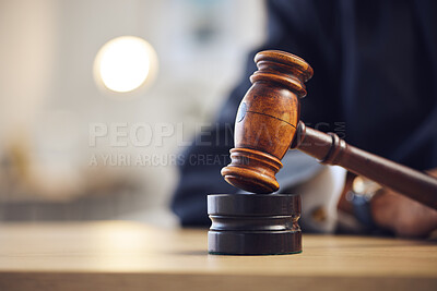 Buy stock photo Law, judge and closeup of lawyer with gavel for justice, court hearing and legal trial for magistrate. Government, attorney career and zoom of desk for investigation, criminal case and verdict order