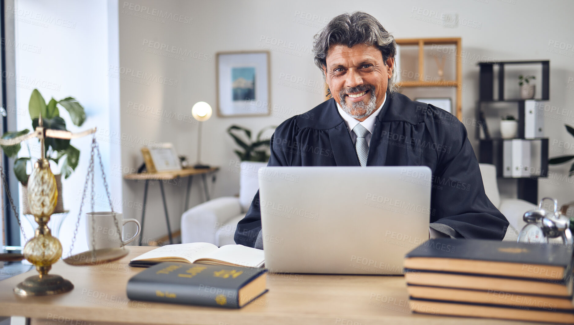 Buy stock photo Portrait, laptop and a senior man judge in his office for legal research or planning for a trial. Computer, case file and a happy mature government employee in the workplace for a judgment ruling