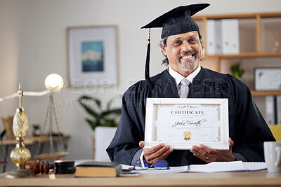 Buy stock photo Law, portrait and a mature graduate with a certificate from education achievement in an office. Smile, graduation and a lawyer or legal attorney with a diploma at work for career celebration