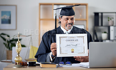 Buy stock photo Laptop, video call and certificate with a man judge in his office, proud of an award as a law degree graduate. Computer, virtual and success with a mature legal student showing his prize to a webcam