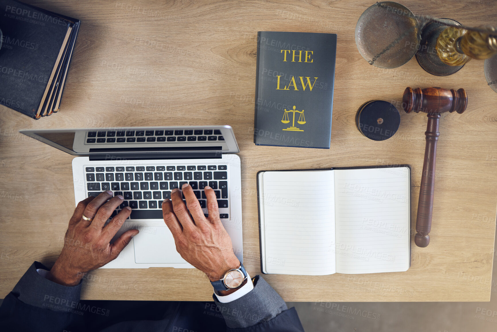 Buy stock photo Above, hands and laptop typing for law, planning justice or working at a desk in office. Attorney, research and a lawyer or legal employee with a computer at a table for connection and communication