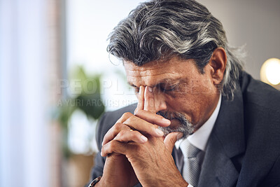 Buy stock photo Problem, stress and a businessman with a headache, burnout or work mistake. Tired, frustrated and a mature manager or employee with fatigue from a professional career with depression or debt risk