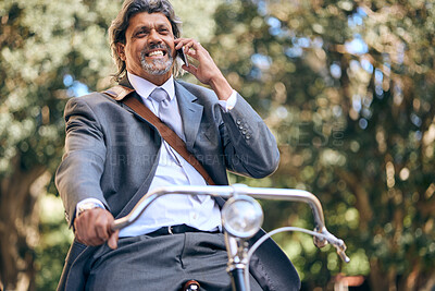 Buy stock photo Business man, bicycle and phone call in street, park and outdoor for networking, conversation and negotiation. Mature entrepreneur, bike and smartphone with chat, thinking and eco friendly travel